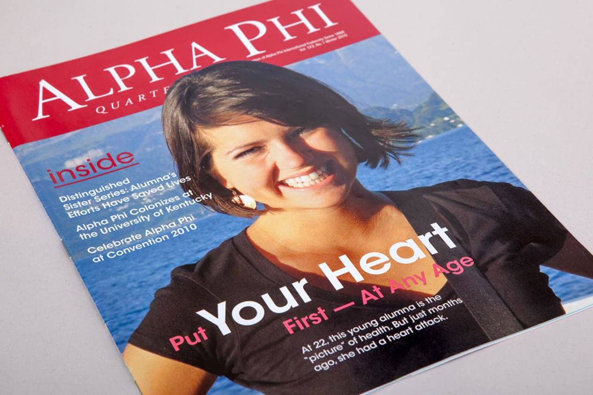 the cover of the Alpha Phi - The Quarterly magazine showcasing Neiger Design's print making expertise