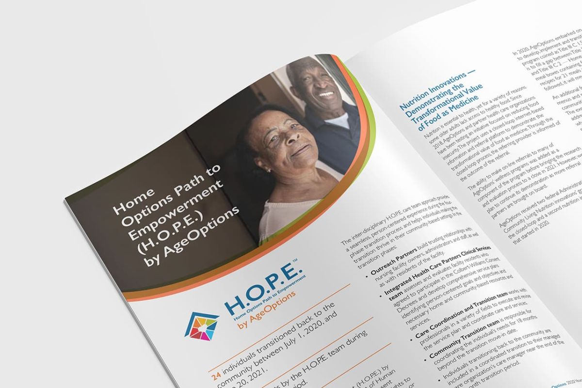 a mock up of the top half of an open copy of the print marketing annual report