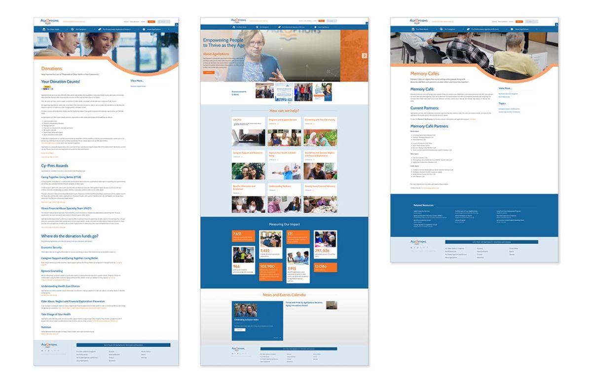 full page screenshots of the ageoptions website redesign project secondary pages