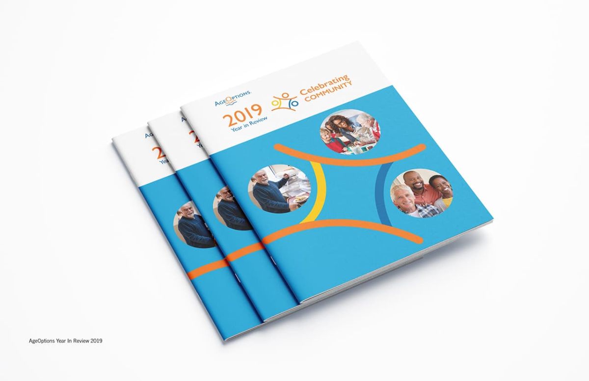 three mock ups of AgeOptions year in review document 2017 stacked on top of each other