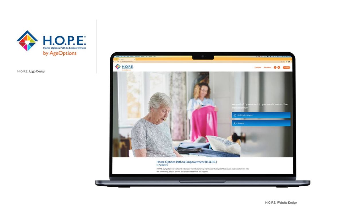 a mockup of the H.O.P.E website redesign, homepage shown on a laptop