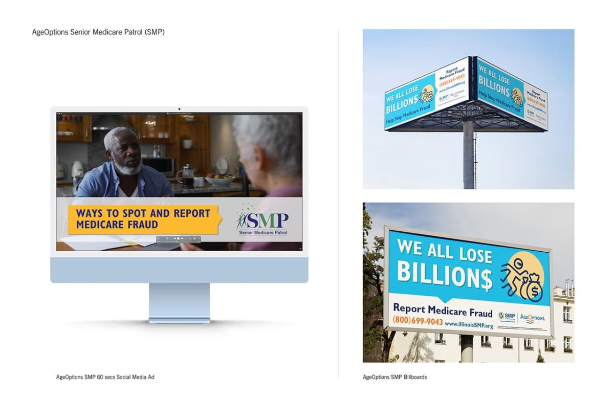examples of billboard designs and social advertisements run during the AgeOptions Senior Medicare Patrol campaign