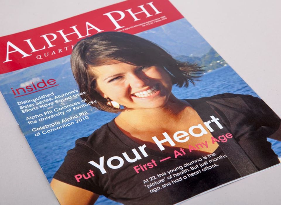 the cover of the Alpha Phi - The Quarterly magazine showcasing Neiger Design's print making expertise