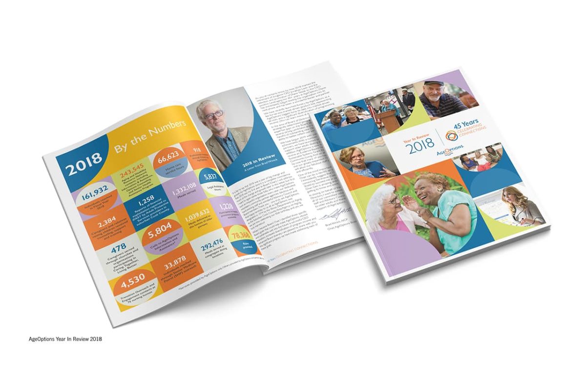 two mock ups of AgeOptions year in review document 2018