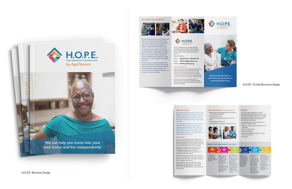 mockups of both the H.O.P.E brochure and the tri-fold brochure made during the ageoptions rebranding process